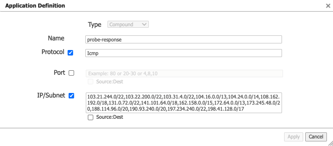 Application definition screen with IP values